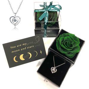 Forest Green REAL ROSE With Heart Silver Necklace